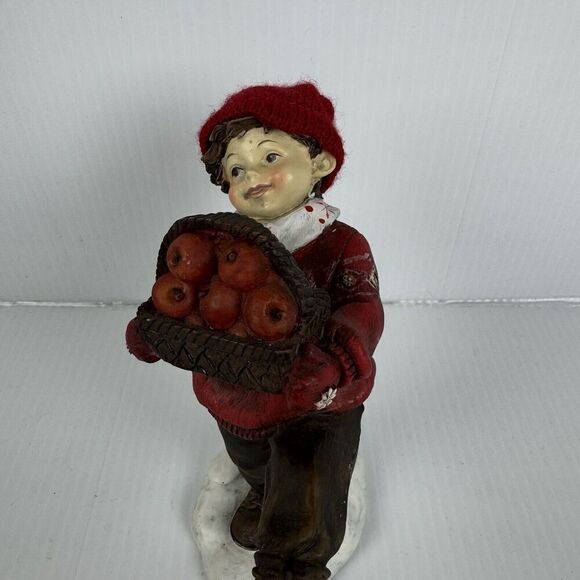 Vintage Boy Carrying Apple Basket Rare Statue Winter Hat Scarf Red Figurine - Picture 6 of 12